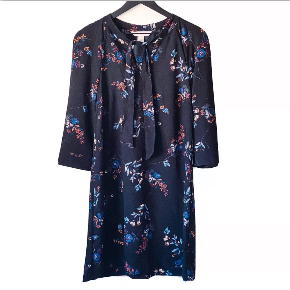 H&M Women’s 2 Black Floral Shift Dress Neckline Tie